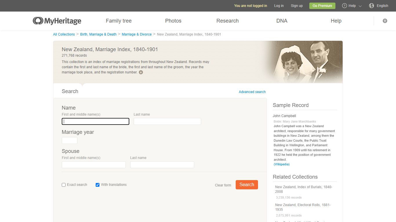 New Zealand, Marriage Index, 1840-1901 - MyHeritage